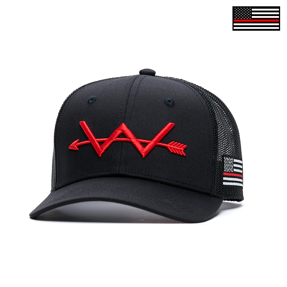 Webb Western Red Line cap, angled front showing the embroidered front logo