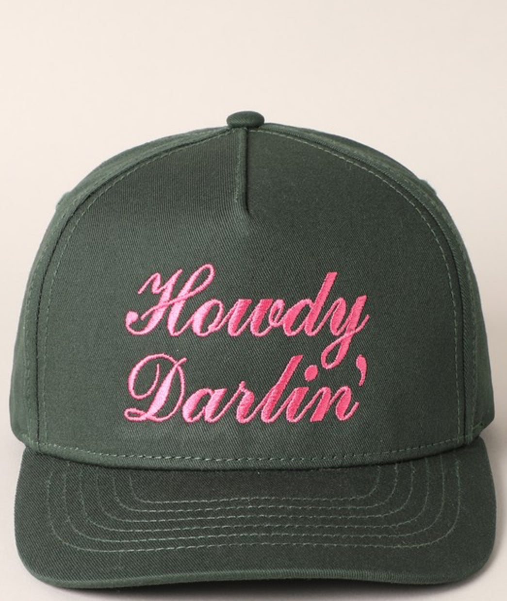 Dark green Howdy Darlin' baseball cap with pink script lettering