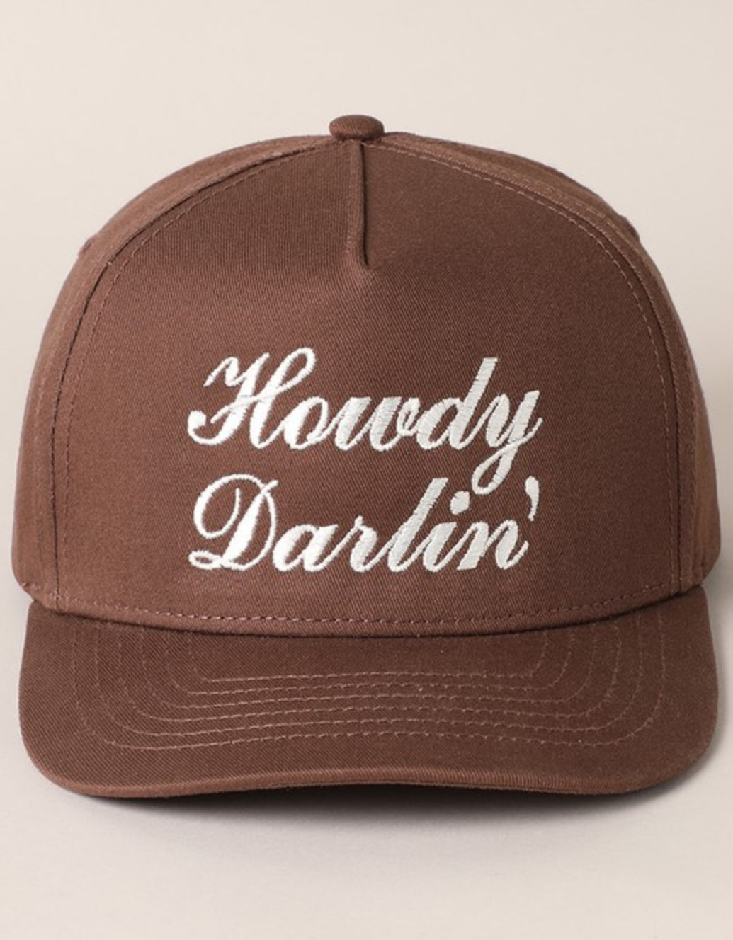 Brown Howdy Darlin' cap with pale front embroidery