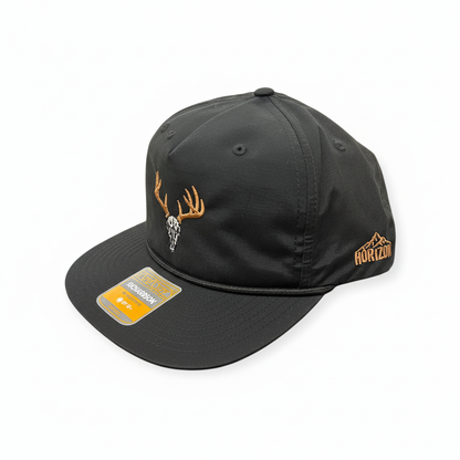 Angled view of Euro Deer embroidered cap by Horizon Hat Co. in black showing the rope detail and side profile