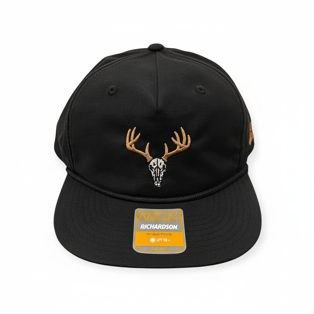Front view of Euro Deer embroidered cap by Horizon Hat Co. in black showing european-mount deer skull embroidery