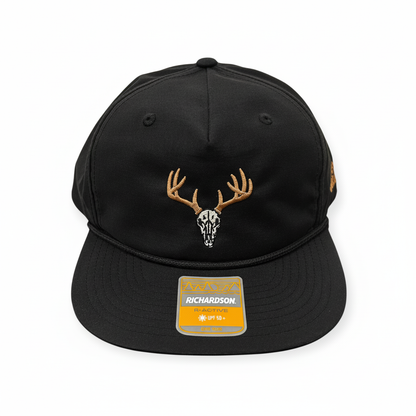 Front view of Euro Deer embroidered cap by Horizon Hat Co. in black showing european-mount deer skull embroidery