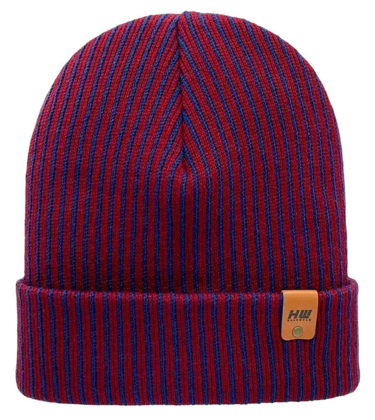 Haakwear blue and maroon wide ribbed cuffed beanie with an off-center logo patch