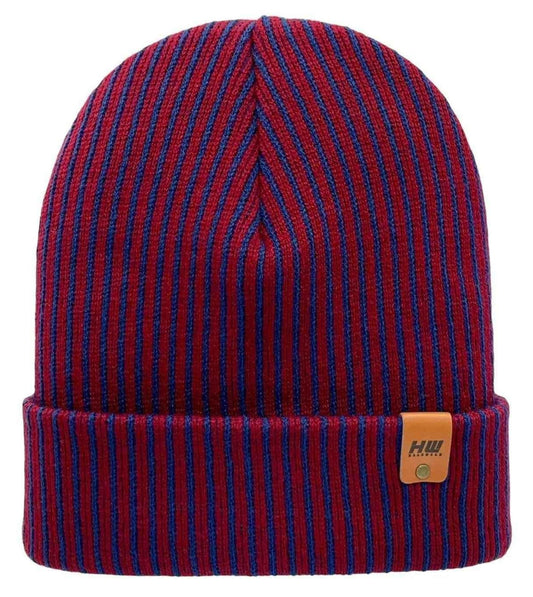 Haakwear blue and maroon wide ribbed cuffed beanie with an off-center logo patch