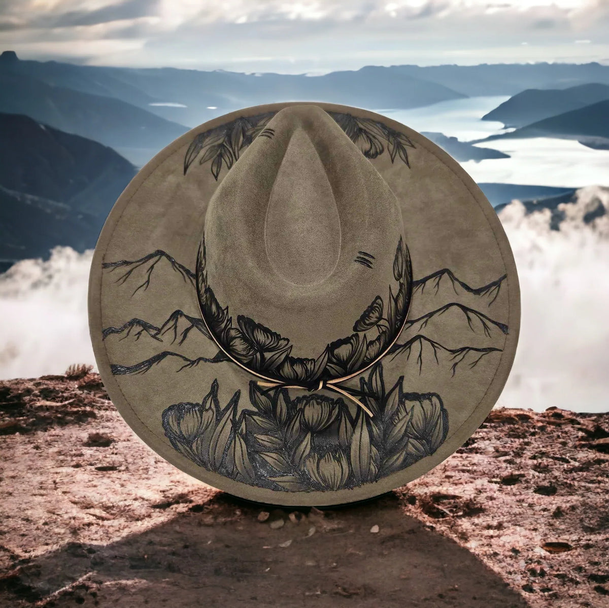 Piper Ridges & Roses hat showing burned ridgelines and floral details across the brim
