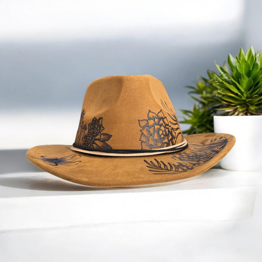Khaki Piper Desert Sun cowboy hat with burned desert artwork, side view