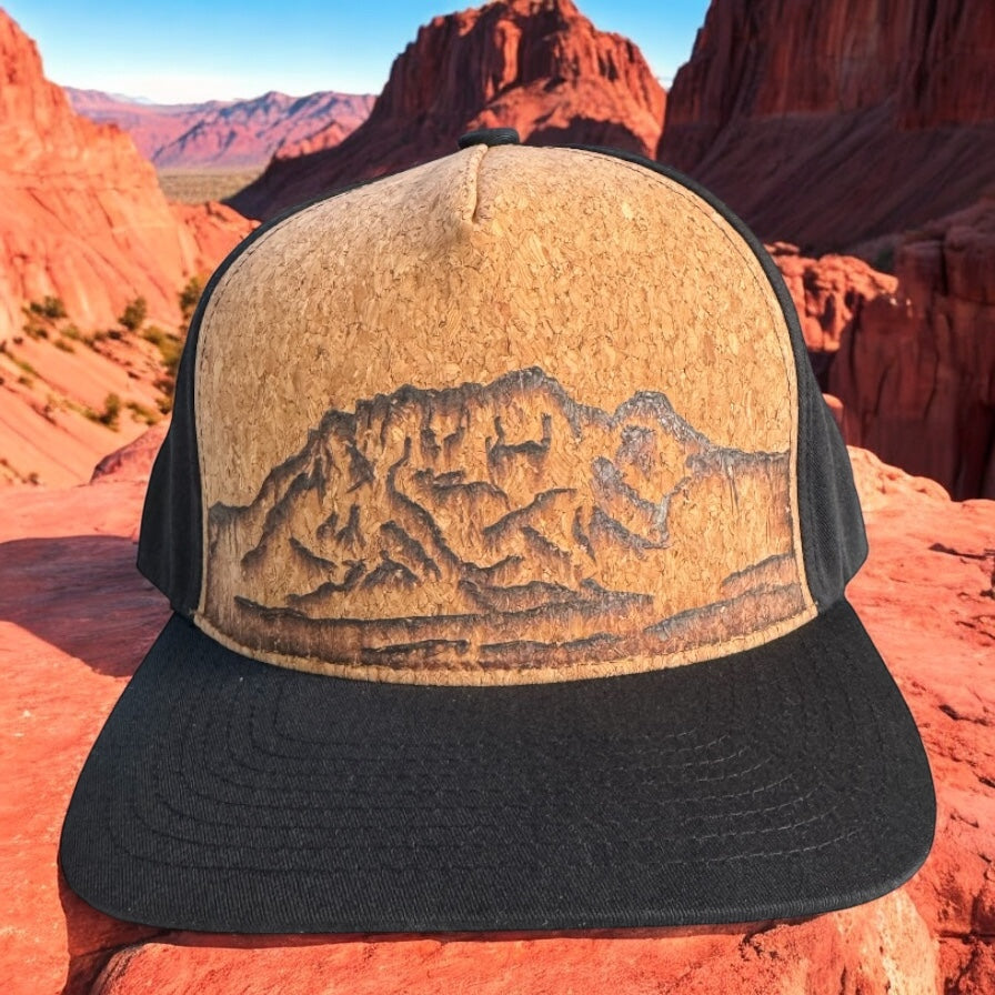 Piper Red Rock Canyon NV cork trucker with burned desert ridgelines and a black bill