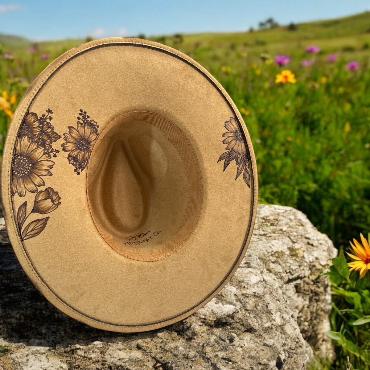 Additional burned floral details across the Feather Play hat brim