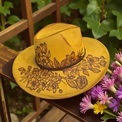 Front angled view of the Piper Honestly Wild hat and its floral pyrography