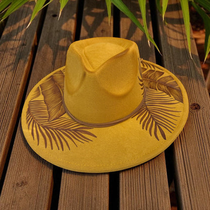 Front view of the mustard High Definition fedora with a decorative band