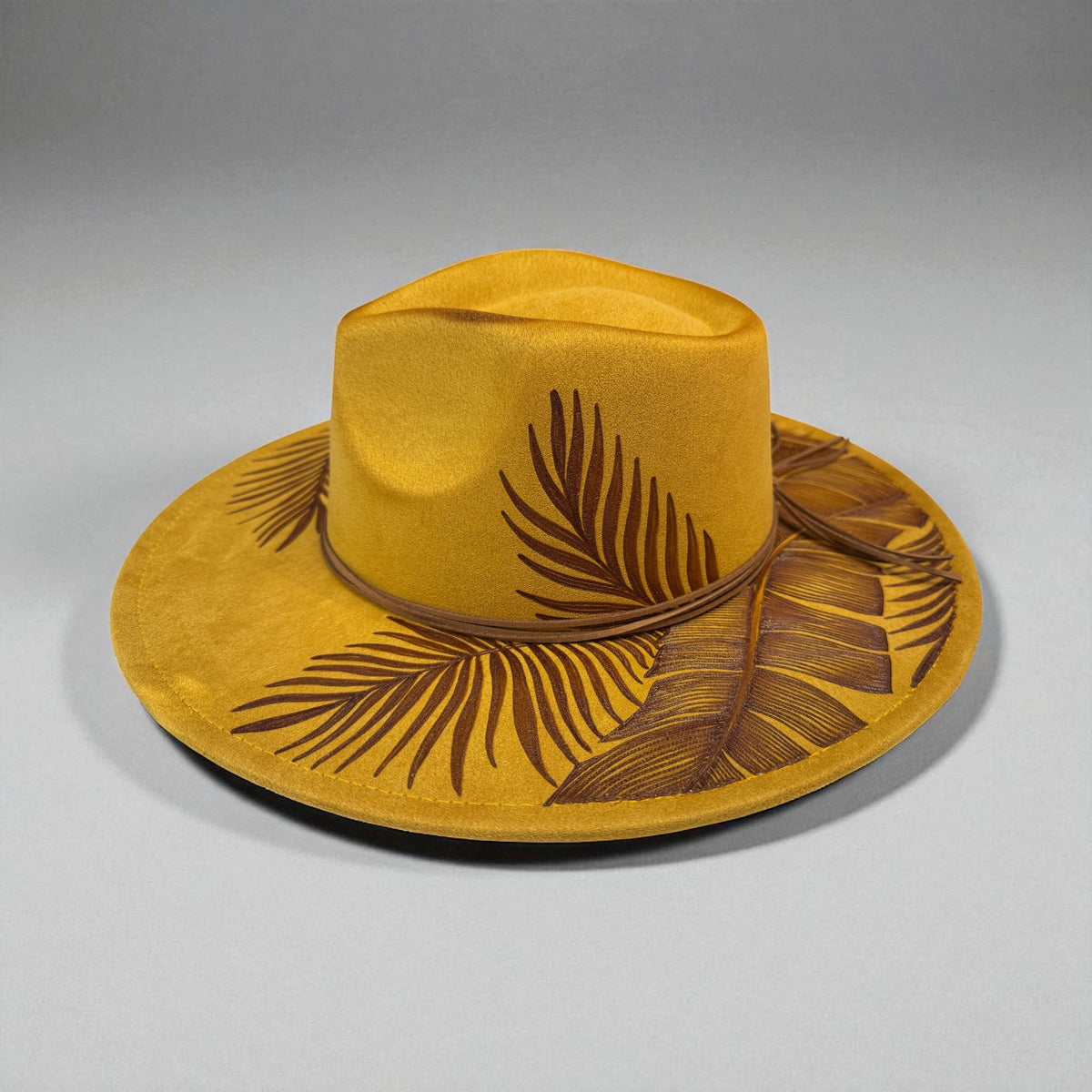 Mustard High Definition fedora with burned foliage, angled view