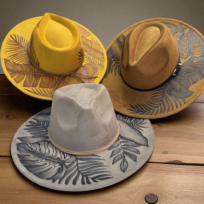 Piper High Definition fedora series in mustard, khaki brown, and light taupe with botanical artwork
