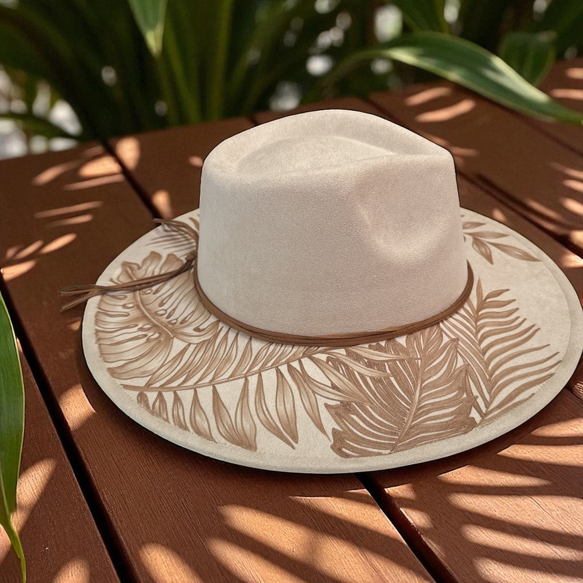Ivory Floral High Definition fedora with brown burned leaf designs