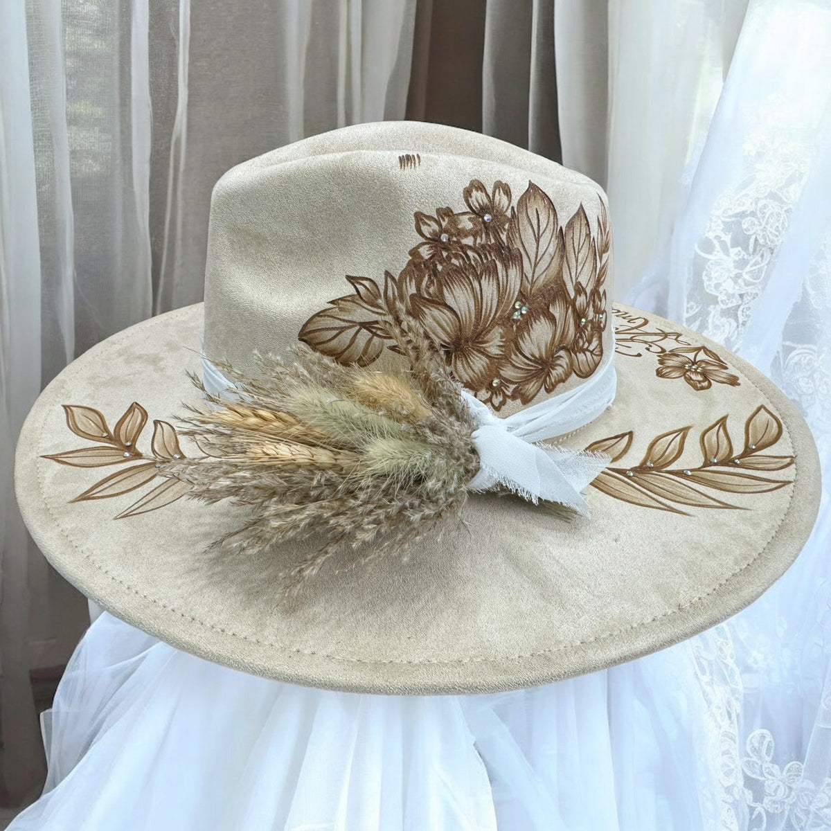 Antique beige Piper Forever & Ever bridal hat with burned flowers and ribbon trim