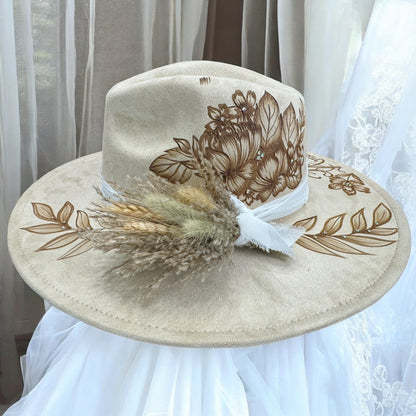 Antique beige Piper Forever & Ever bridal hat with burned flowers and ribbon trim