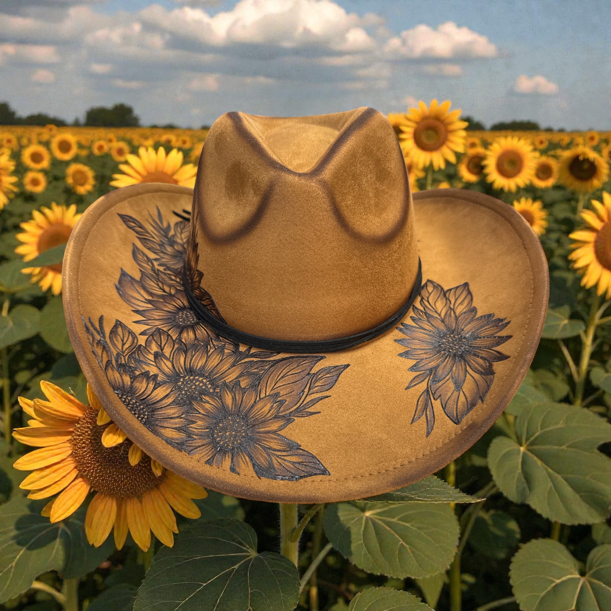 Khaki She's a Sunflower cowboy hat with burned sunflower artwork, front view