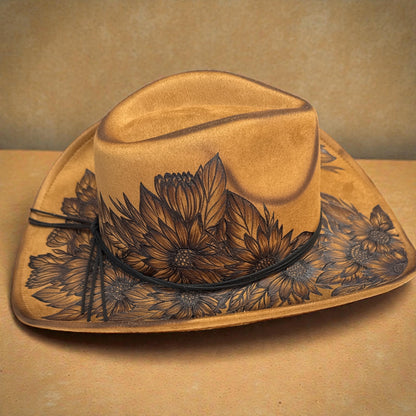 Side view of the Piper sunflower hat showing the decorated crown and curved brim