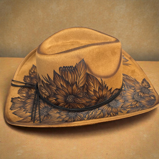 Side view of the Piper sunflower hat showing the decorated crown and curved brim