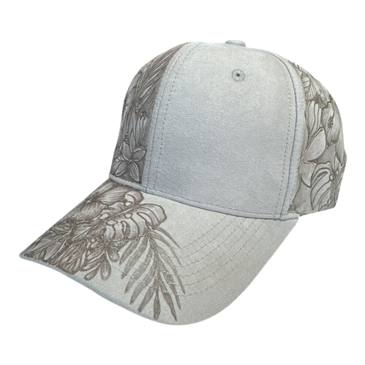 Angled view of a grey Full Blooms cap showing leaf artwork on the bill