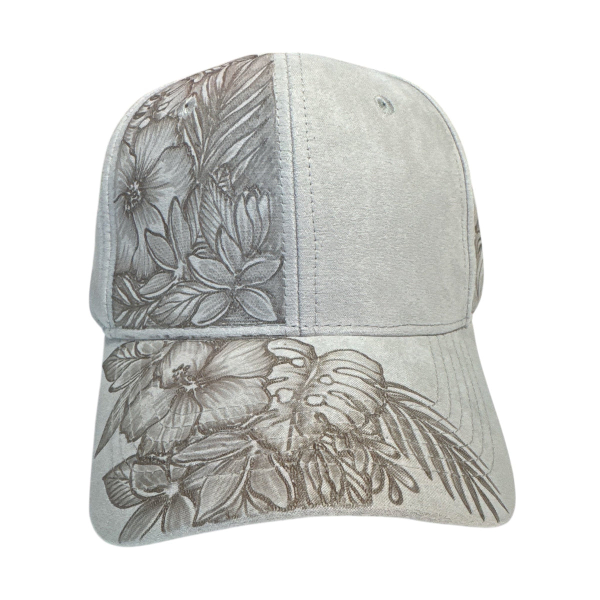 Light grey Piper cap with hibiscus and tropical leaf pyrography on a plain backdrop