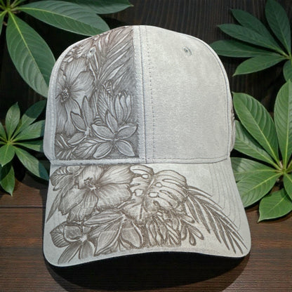 Light grey Full Blooms cap showing burned floral details, front view