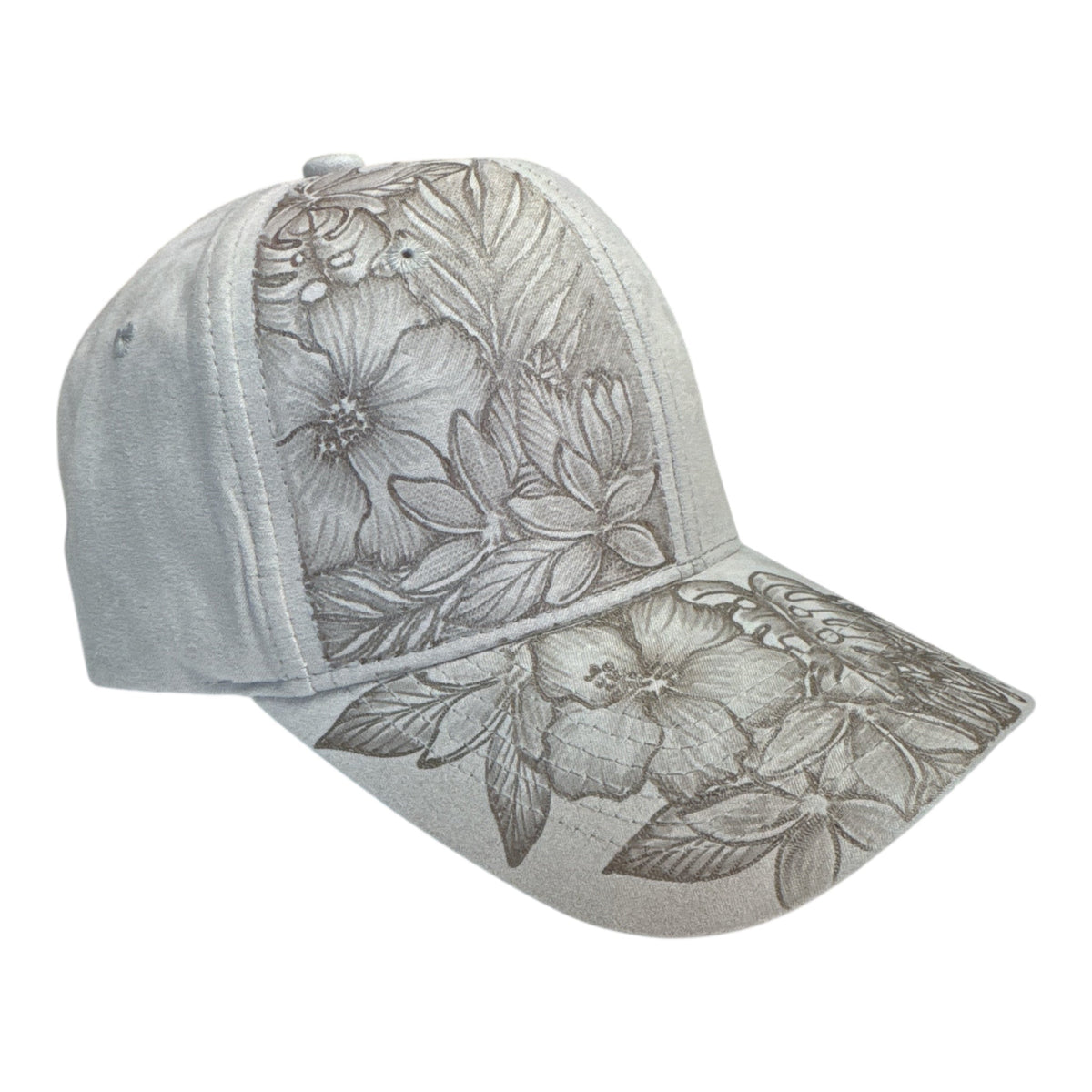 Opposite view of the grey Full Blooms cap showing burned flowers across the crown