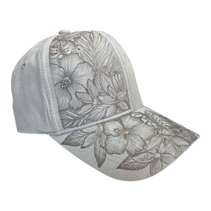Opposite view of the grey Full Blooms cap showing burned flowers across the crown