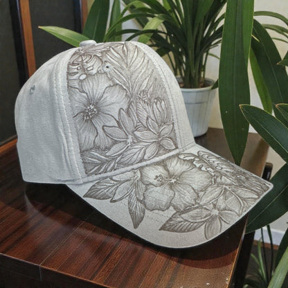 Side angle of the light grey Full Blooms cap showing the floral front and bill