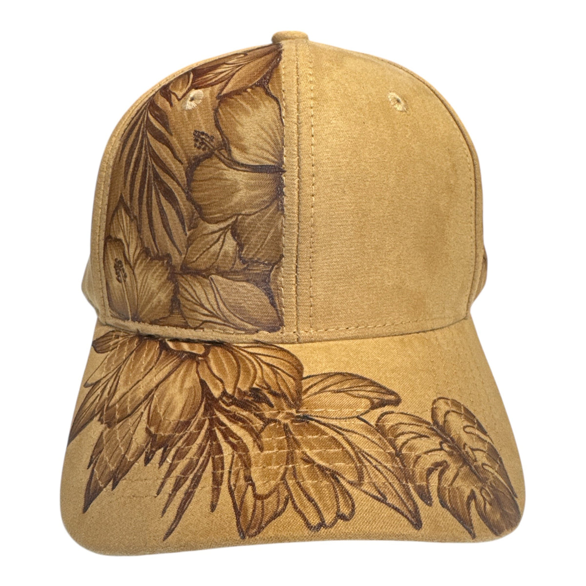 Tan Full Blooms suede cap with burned tropical flower artwork