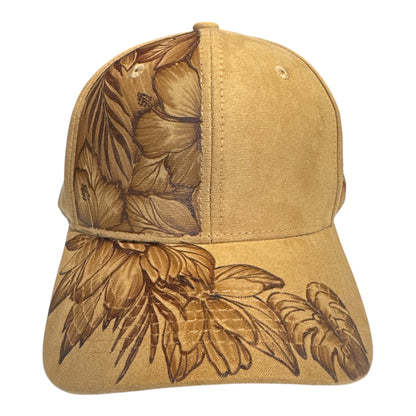 Tan Full Blooms suede cap with burned tropical flower artwork