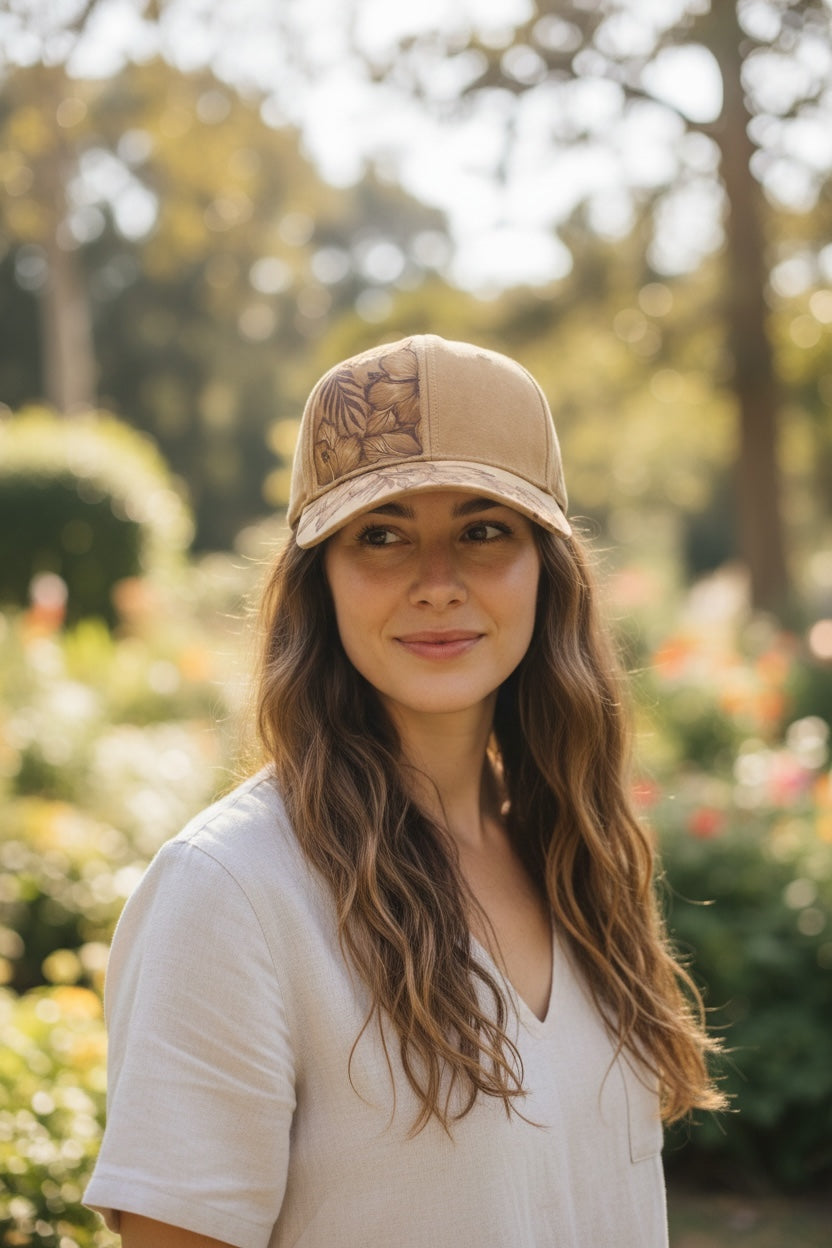 Model wearing the brown floral Piper cap with a light casual shirt