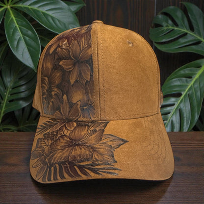 Brown Piper Full Blooms suede cap with burned tropical flowers and leaves