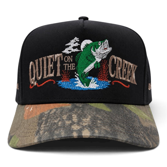 Quiet on the Creek fishing cap in Black Camouflage with a black crown and camouflage brim