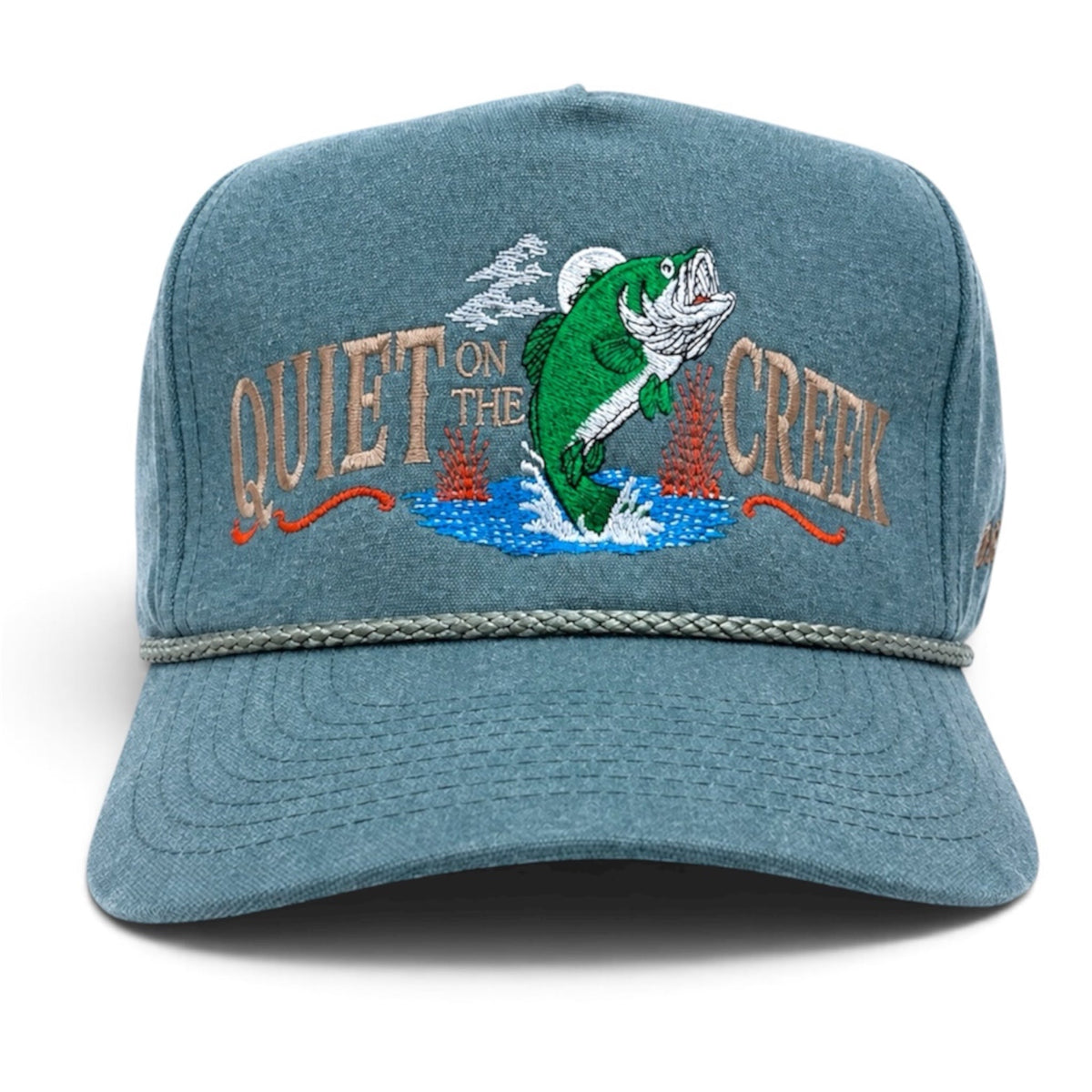 Old School Hats Quiet on the Creek cap in Washed teal with embroidered bass artwork