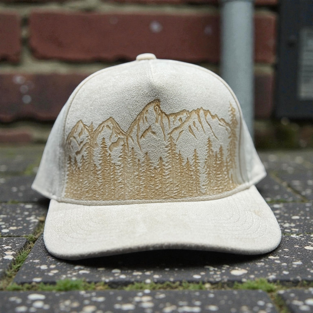 Beige Piper Grand Tetons suede snapback with burned mountain and evergreen artwork