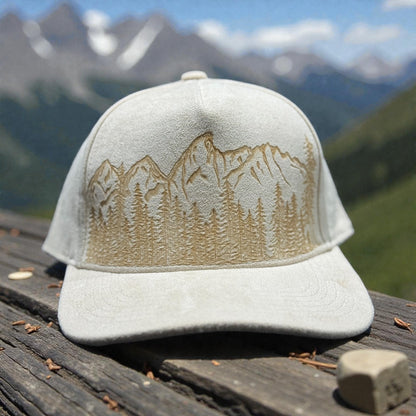 Grand Tetons suede cap photographed with mountains in the background