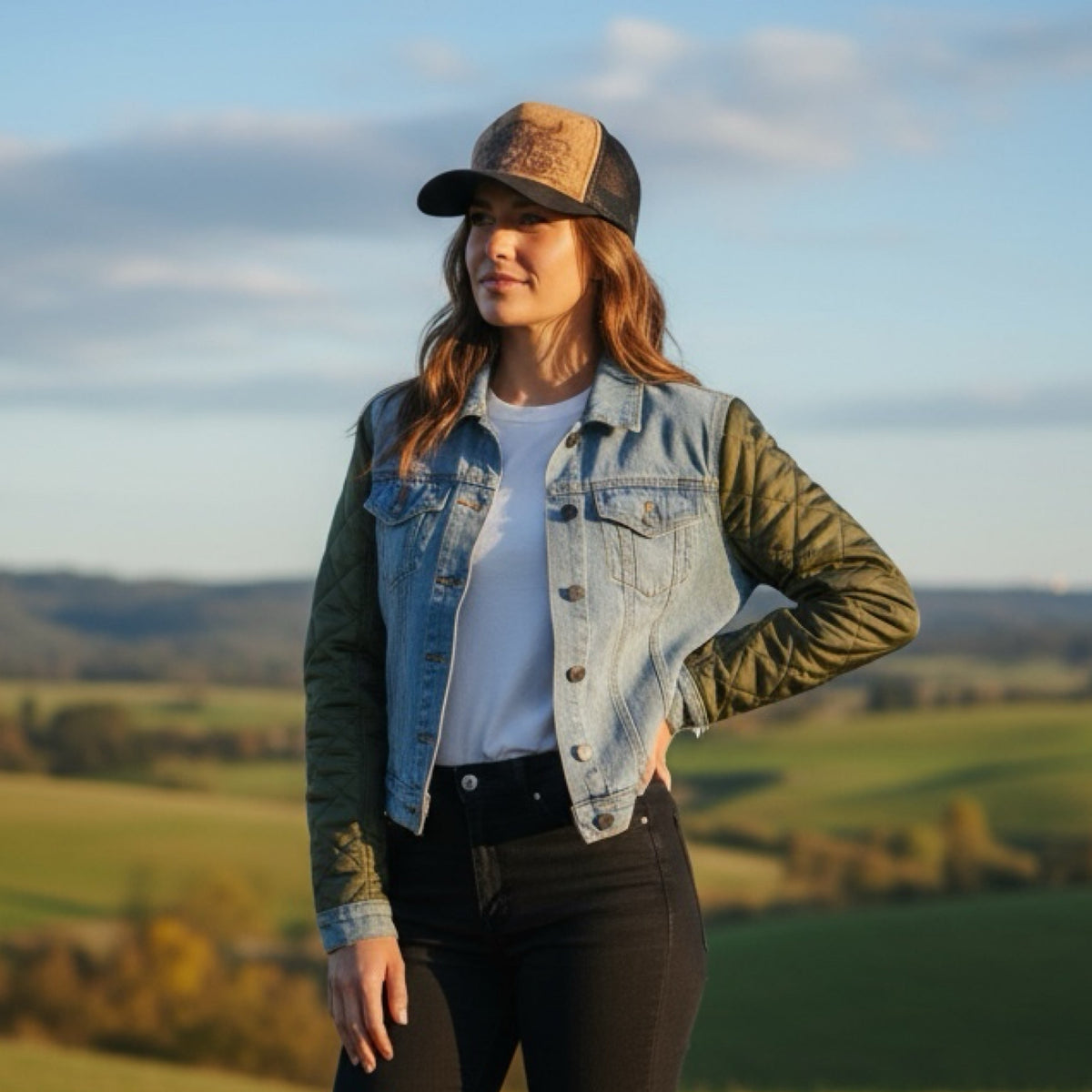 Front outfit view of the blue denim Knoxx jacket with olive quilted sleeves