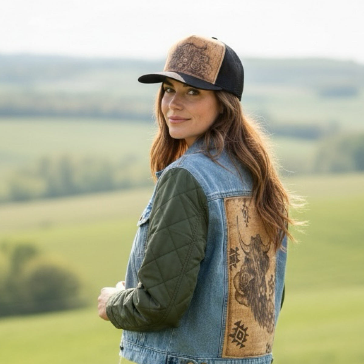 Side and back view of the Knoxx jacket showing quilted sleeves and cork artwork