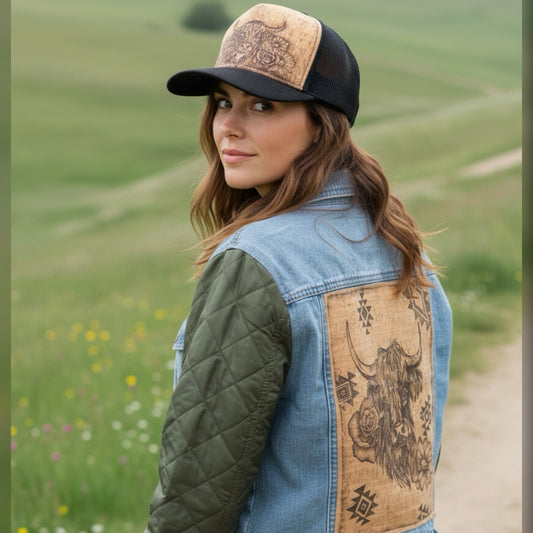 Model wearing Piper Knoxx denim jacket with olive quilted sleeves and Highland cow back artwork