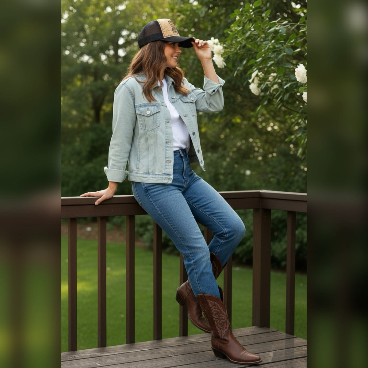 Full outfit view of the Boots trucker hat styled with denim outdoors