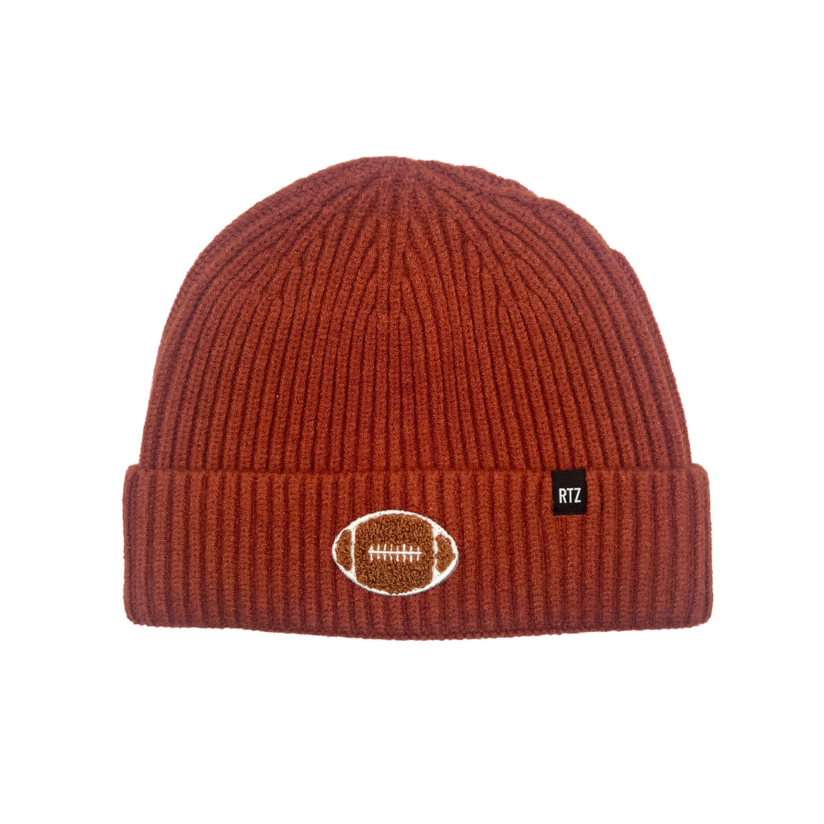 Rey To Z rust cuffed beanie with a football-shaped patch