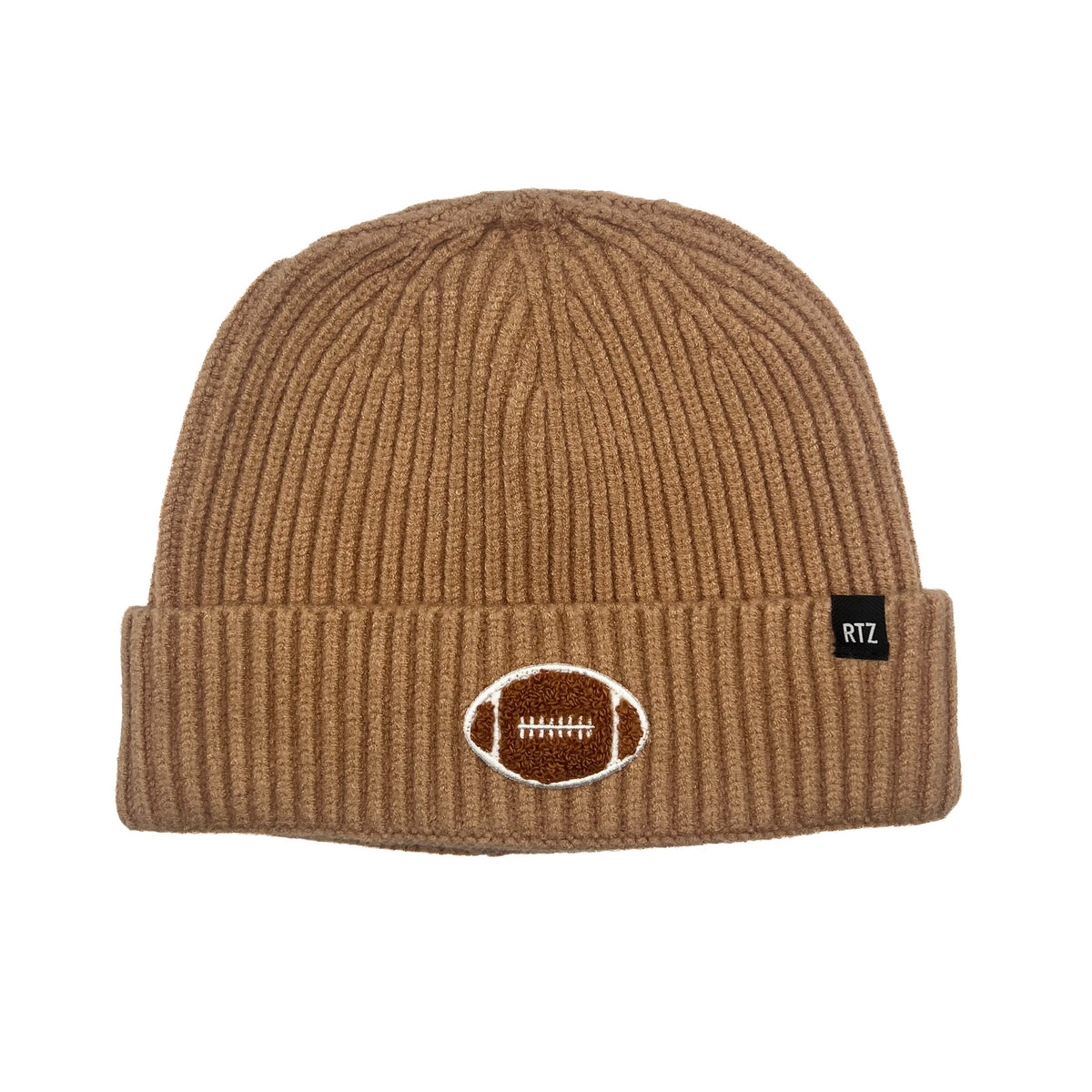 Rey To Z wheat beanie showing the ribbed crown and football patch
