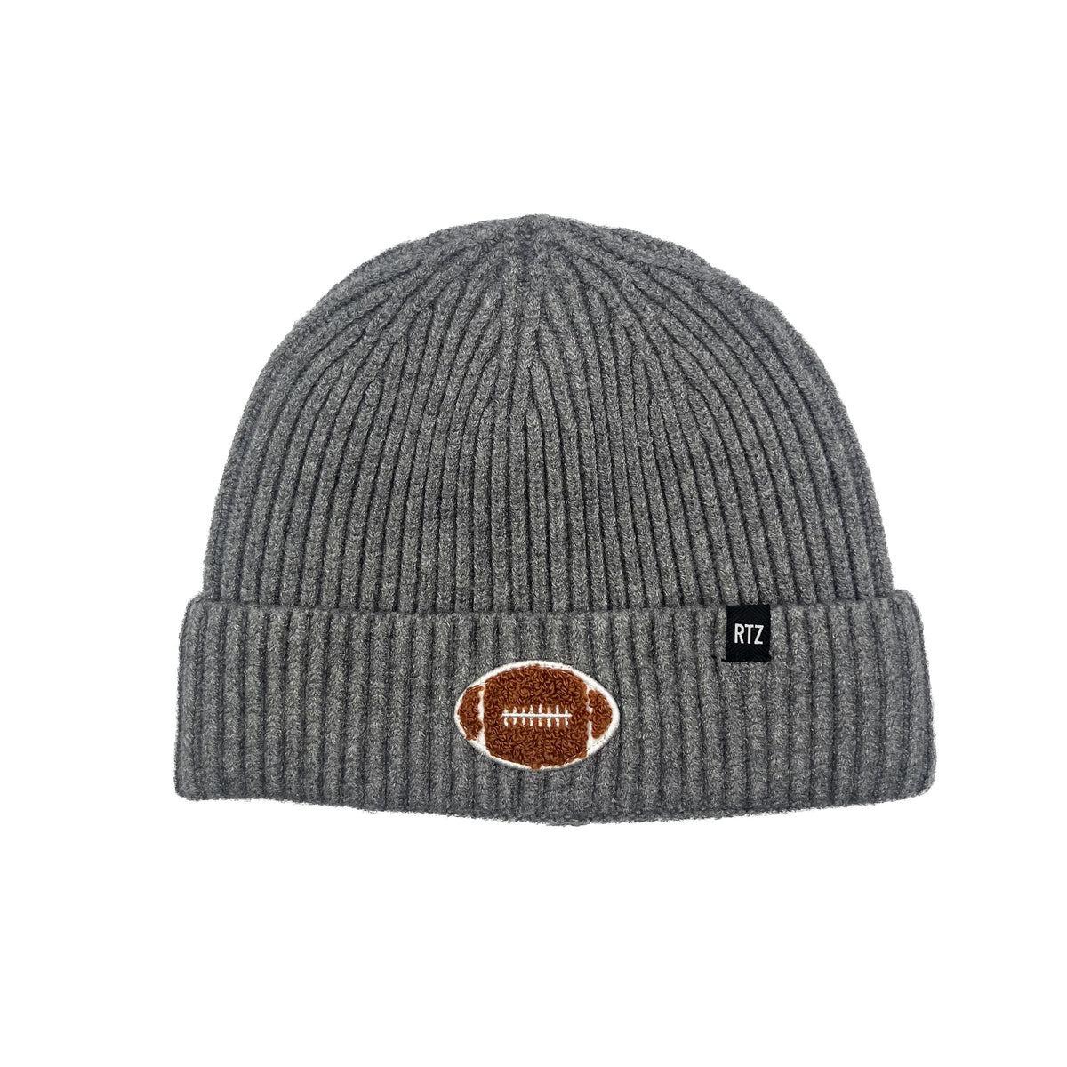 Rey To Z heather Grey beanie with football patch on the folded cuff