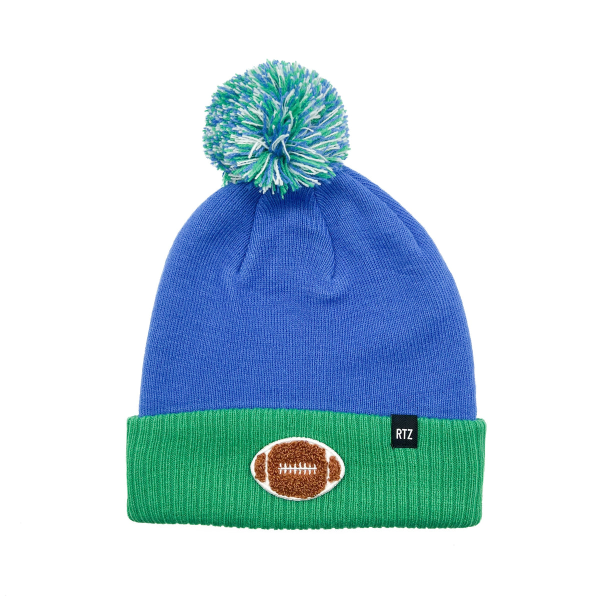 Rey To Z cobalt & Spearmint pom-pom hat with a football cuff patch