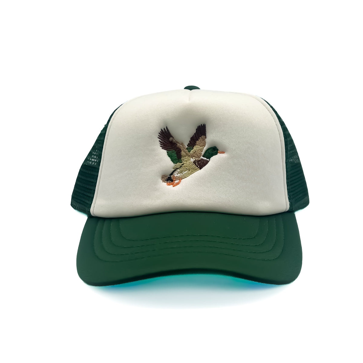 Front view of Rey To Z Mallard Trucker Hat in Dark Green/White showing mallard duck front artwork