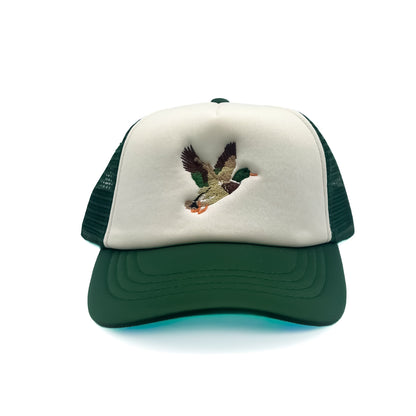 Front view of Rey To Z Mallard Trucker Hat in Dark Green/White showing mallard duck front artwork