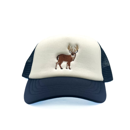 Front view of Rey To Z Buck Trucker Hat in Navy/White showing antlered buck front artwork