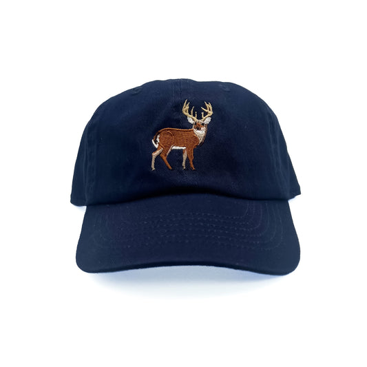 Front view of Rey To Z Buck Baseball Hat in Navy showing antlered buck front artwork