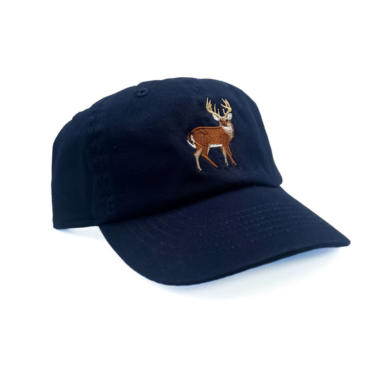 Angled view of Rey To Z Buck Baseball Hat in Navy showing the curved bill and front design
