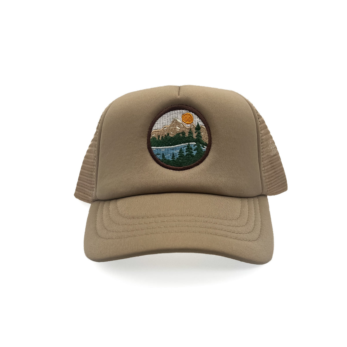 Front view of Rey To Z Mountain Trucker Hat in Khaki showing round mountain landscape front patch